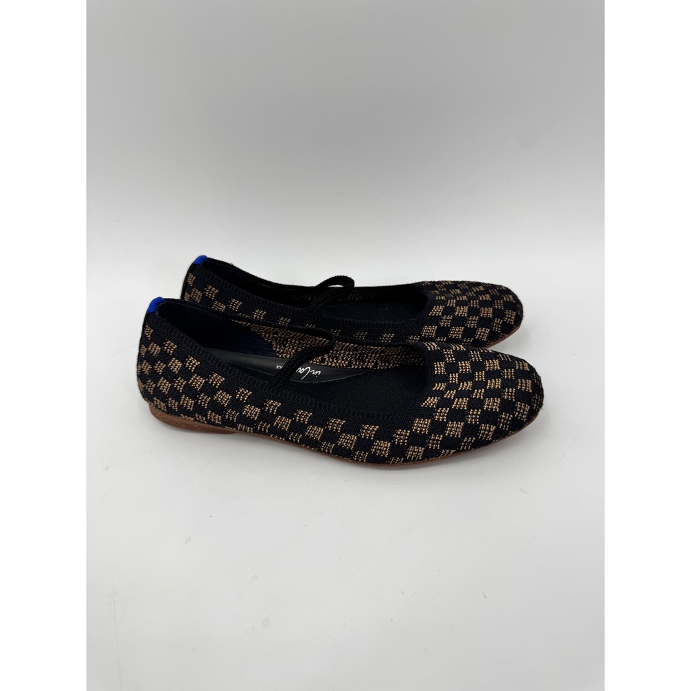 Rothy's Mary Jane Flats Women 6 Black Metallic Gold Checkerboard Square Toe